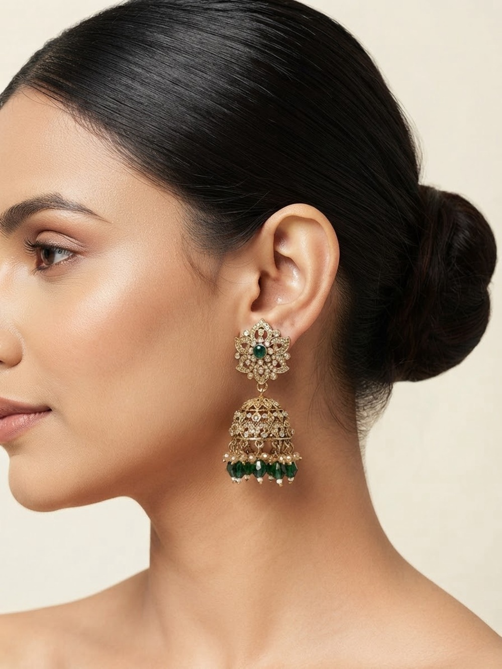 Gold and Green Jhumka Earrings - Elegant Women Jewelry only for 30$